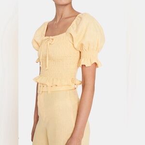 Faithfull The Brand soft mustard Marie Smocked Linen Top Women's Size 4 butter